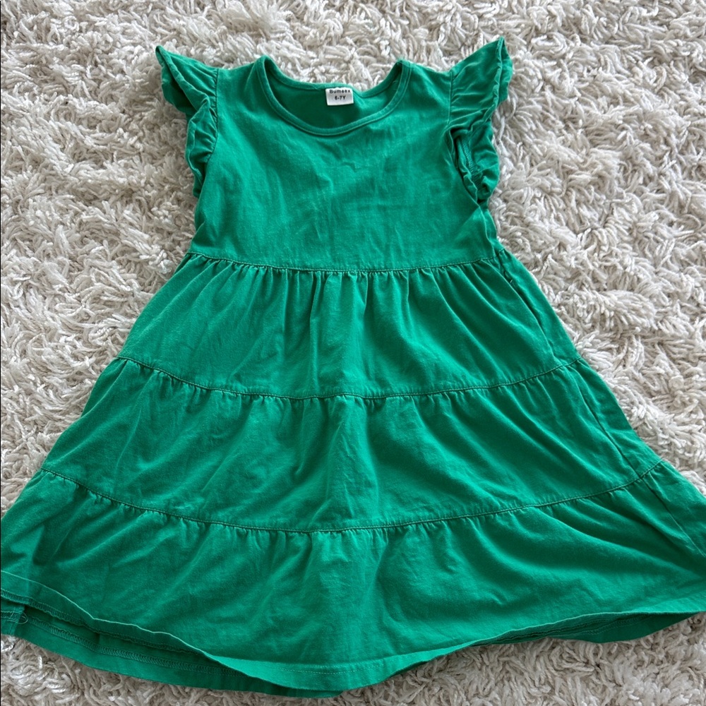 Green Tiered Flutter-Sleeve Kids Dress